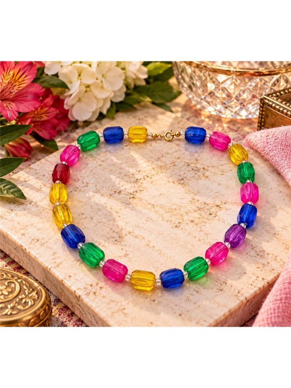 Vintage Tutti Frutti Fruit Salad Lucite Necklace Multicolor Faceted Beads 16"